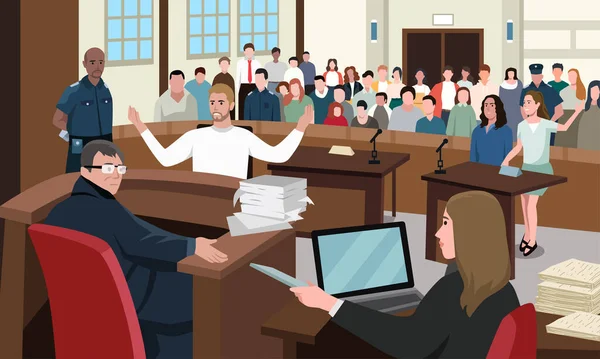裁判所判決 法の正義の概念ベクトルイラスト 裁判官の前でスピーチをする漫画の弁護士や検察官のキャラクター 法廷での陪審員 刑事防衛公共プロセス — ストックベクタ