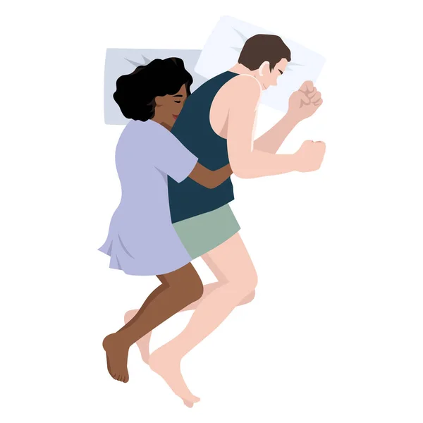 Cute Sweet Young Couple Lying Bed Cuddling Sleep Night Characters — Stock Vector