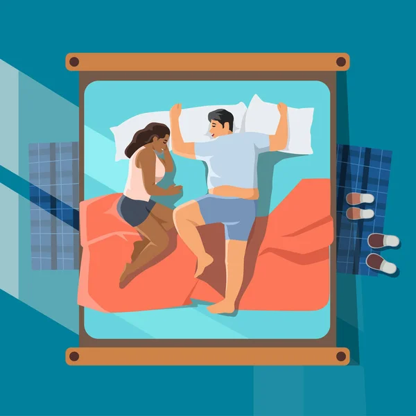 一对夫妇在床下睡在毛毯下的头像 矢量图解 种族夫妇的多样性 — 图库矢量图片