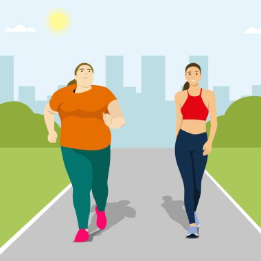 Şişman ve kilolu figür kavramı. Üzgün, şişman, şişman kadın zayıf, sportif ve köknar şekilli kadın vektör çiziminin karşısında duruyor.