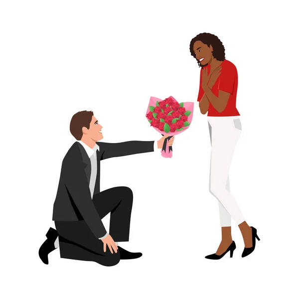 Muž Dát Květiny Gratulovat Šťastný Černošky Milenec Valentýna Milující Chlapec — Stockový vektor