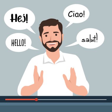 Çocuk çeşitli diller konuşuyor, çokdilli yetenekleri olan insanlar, çevrimiçi sınıf düz vektör illüstrasyon karakteri öğretiyor.