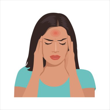 Baş ağrısı. Başı ağrıyan kadın, migren. Düz vektör çizimi beyaz arkaplanda izole edildi