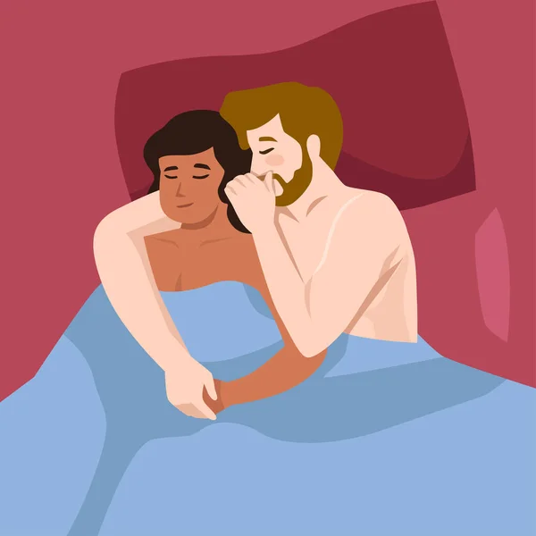 幸せな男と女はベッドに横たわって抱擁 キスとささやき愛言語 — ストックベクタ