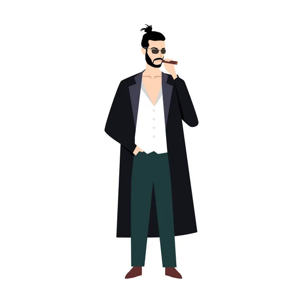 Asian mafia man cartoon character with bun hair and sunglasses. Flat vector of yakuza wearing suit with open button t shirt