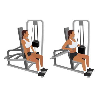 Yardımcı Makine 'nin triseps dalışı egzersizi yapan kadın. Düz vektör çizimi beyaz arkaplanda izole edildi