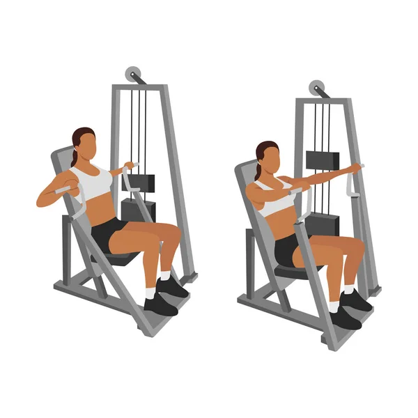 做铁锤强度机的女人坐姿胸压练习 白色背景上孤立的平面矢量图解 锻炼的性质 — 图库矢量图片