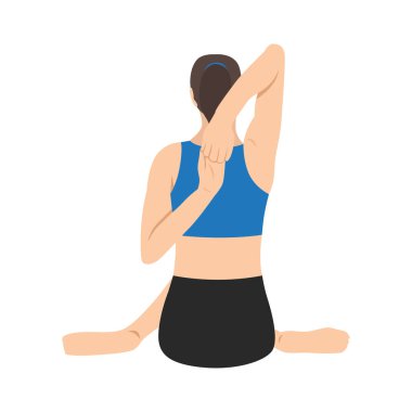 Kadının arka tarafı yoga egzersizi yapıyor. İnek suratlı. Düz vektör çizimi beyaz arkaplanda izole edildi