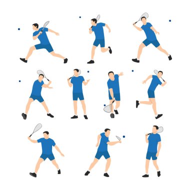 Squash oyuncuları karakter seti. Düz vektör çizimi beyaz arkaplanda izole edildi