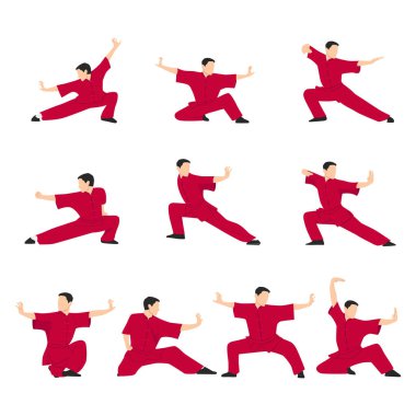 Wushu 'nun vektör seti. Wushu pozisyonları. Elementleri ve simgeleri tasarla. Düz vektör çizimi beyaz arkaplanda izole edildi