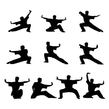 Wushu 'nun vektör seti. Wushu pozisyonları. Elementleri ve simgeleri tasarla. Düz vektör çizimi beyaz arkaplanda izole edildi