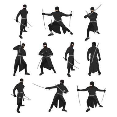 Ninja Savaşçıları siluet koleksiyonu. Ninja karakter ikonu. Düz vektör çizimi beyaz arkaplanda izole edildi
