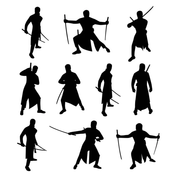 Collection Silhouette Ninja Fighters Icône Caractère Ninja Illustration Vectorielle Plate — Image vectorielle
