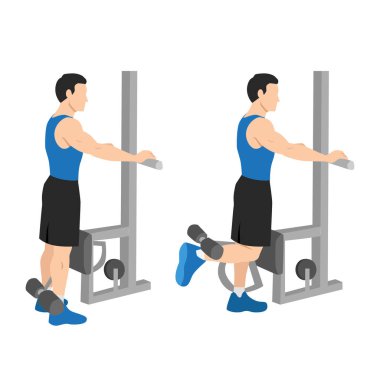 Man doing standing leg hamstring curls machine. Flat vector illustration isolated on white background
