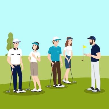 Zengin insanlar için rahatlatıcı bir spor, sarayda golf oynayan karakterler. Sahada sopayla vurmak. Kişiler için otomobil, yaz hobileri ve eğlenceleri, düz stil vektörü