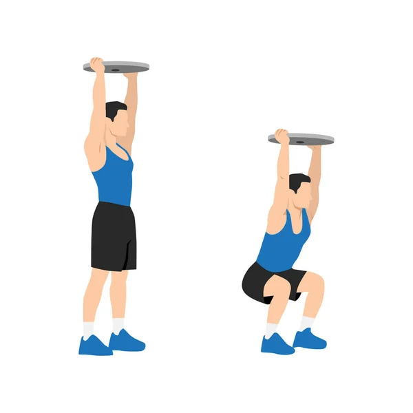 Stock vector Man doing Overhead plate squats exercise. Flat vector illustration isolated on white background