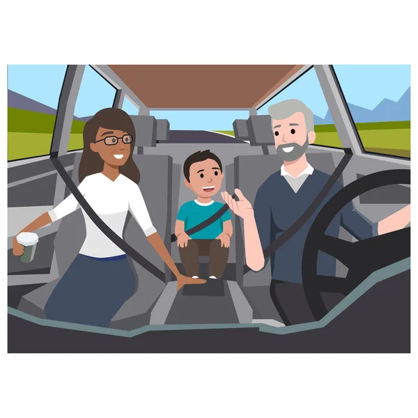 stock vector family driving to a road trip. View from interior of the car with father,mother, and their son sitting happily wearing seatbelt. Flat vector illustration