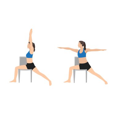 Sandalye Savaşçısı II 'de oynayan kadın. Virabhadrasana egzersizi. Düz vektör çizimi beyaz arkaplanda izole edildi
