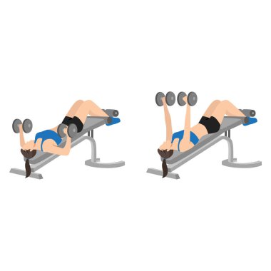 Kadın dambıl egzersizi yapıyor. Düz vektör çizimi beyaz arkaplanda izole edildi