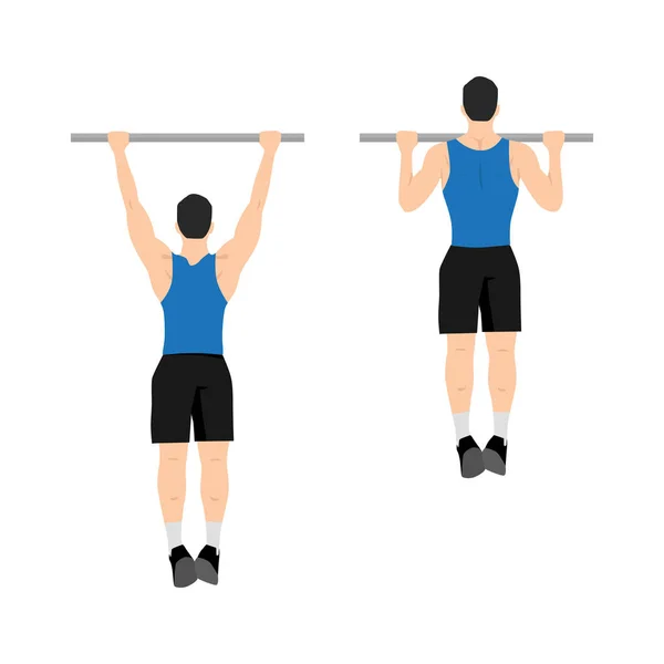 Stock vector Man doing pull ups exercise. Flat vector illustration isolated on white background