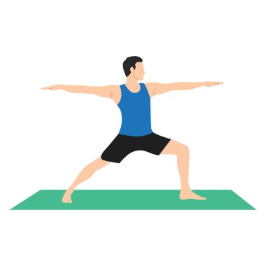 Virabhadrasana 2 veya Warrior II pozisyonunda yoga yapan adam. Erkek çizgi film karakteri Hatha yogası yapıyor. Jimnastik eğitimi sırasında egzersiz yapan bir adam. Düz vektör illüstrasyonu.