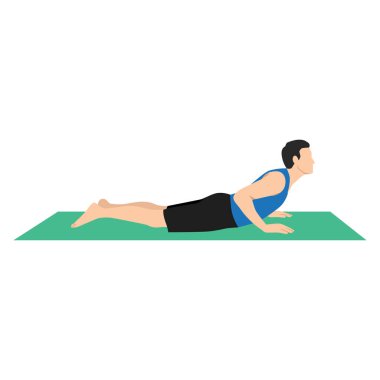 Bhujangasana 'daki yoga adamı ya da kobra pozu. Erkek çizgi film karakteri Hatha yogası yapıyor. Jimnastik eğitimi sırasında egzersiz yapan bir adam. Düz vektör illüstrasyonu.