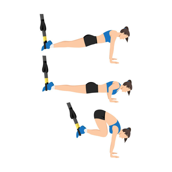 Woman character doing TRX Suspension straps atomic push ups flat vector illustration isolated on different layers