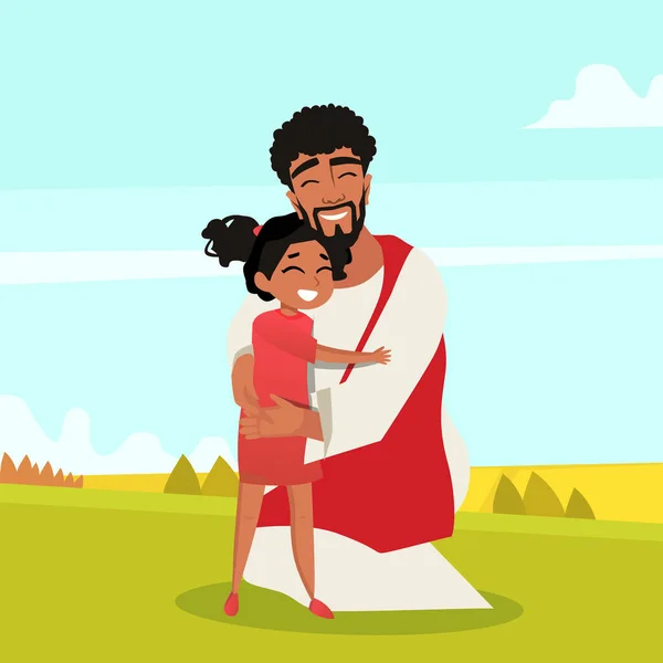 Иисус Обнимает Маленькую Девочку Чувствует Любовь Заботу Объятиях Спасителя — стоковый вектор