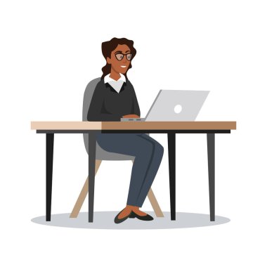 Beyaz arka planda izole edilmiş bilgisayar düz vektör illüstrasyonundaki iş kadını