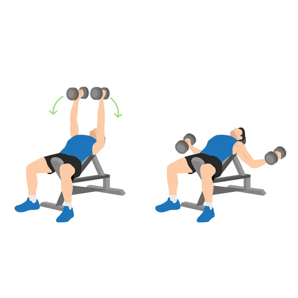 Man Doing Incline Bench Dumbbell Flyes Exercise Flat Vector Illustration — Stock Vector