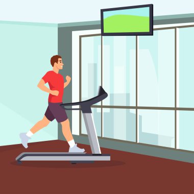 Evde bir adam koşu bandında koşar. Sağlığı arttırır. Vektör izole illüstrasyonu.