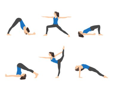 Çeşitli yoga pozları. Kadın yoga vektör illüstrasyonu. Sağlıklı yaşam tarzı.