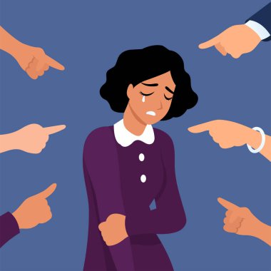 Kurban kadın. Depresif kız utanç ve el işaret parmağı. Suçluluk, utanç kadın ve toplum vektör kavram suçu. Kadın sinirli, çalışan illüstrasyon zorbalık