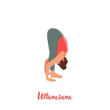 Uttanasana yapan kadın. Öne eğil. Beyaz kadın yoga pozisyonu sergiliyor. Düz vektör çizimi beyaz arkaplanda izole edildi