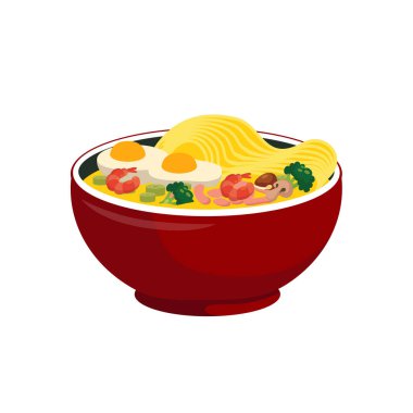 Çizim vektörü düz çizgi filmi yiyecekleri izole etti. Japon eriştesi Chashu ramen kasesi yemek çubukları, miso çorbası, yumurta haşlama, ızgara nori, mayalanma, pırasa, bambu filizi.