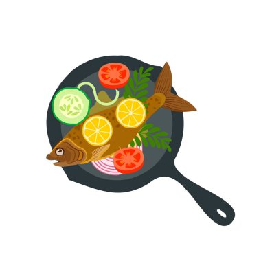 Balık ızgarada. Izgarada limon olan iştah açıcı alabalık. Vektör çizimi, amblem. Beyaz arkaplanda izole.