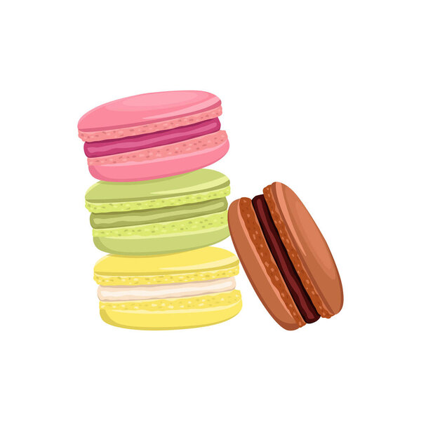 Flat vector Stack of different french cookies macaroons or macarons with drop shadow. Flat vector illustration isolated on white background