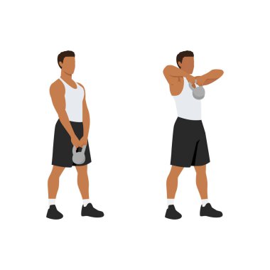 Dik kettlebell ön sıralarda egzersiz yapan adam. Düz vektör çizimi beyaz arkaplanda izole edildi. çalışma karakter kümesi