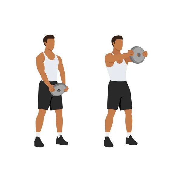 Man Doing Standing Front Shoulder Plate Raises Exercise Flat Vector — Stock Vector
