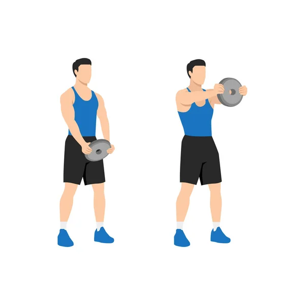 男子站在前肩板上做运动 白色背景上孤立的平面矢量图解 锻炼字符集 — 图库矢量图片