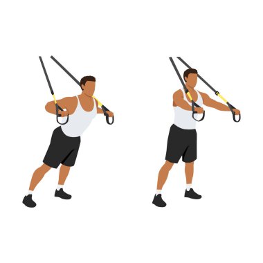 TRX süspansiyon kayışlı göğüs egzersizi yapan adam. Düz vektör çizimi beyaz arkaplanda izole edildi