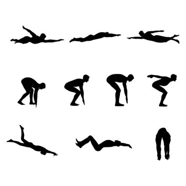 Büyük bir erkek yüzücü karakter vektör dizaynı. Duyguları, koşusu, duruşu ve yürüyüşü ile çeşitli eylemlerde sunum.