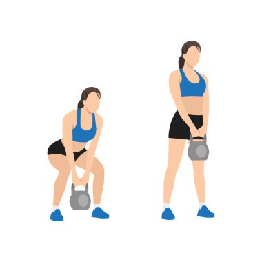 Kettlebell kaldırma egzersizi yapan bir kadın. Düz vektör çizimi beyaz arkaplanda izole edildi. çalışma karakter kümesi