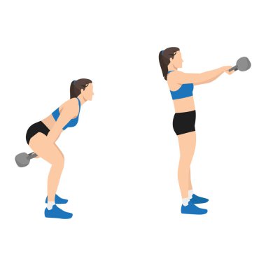 Kadın Rus kettlebell salıncak egzersizi yapıyor. Düz vektör çizimi beyaz arkaplanda izole edildi. çalışma karakter kümesi
