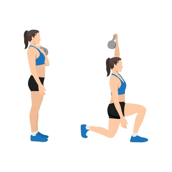 Femme Faisant Kettlebell Exercice Presse Fente Illustration Vectorielle Plate Isolée — Image vectorielle
