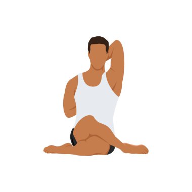İnek suratlı adam ya da gomukhasana egzersizi yapıyor. Düz vektör çizimi beyaz arkaplanda izole edildi
