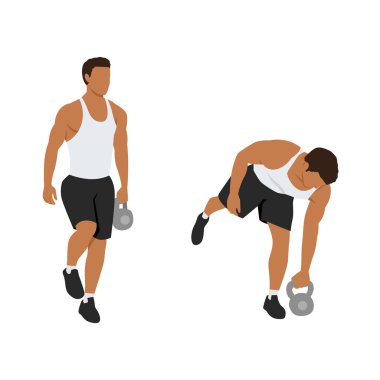 Kettlebell 'e tek bacaklı kaldırma egzersizi yapan adam. Düz vektör çizimi beyaz arkaplanda izole edildi