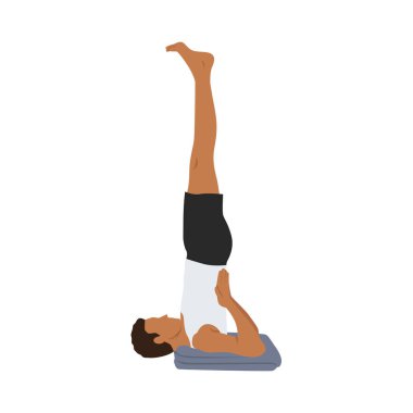 Omuz duruşu yapan adam salam sarvangasana egzersizi yapıyor. Düz vektör çizimi beyaz arkaplanda izole edildi