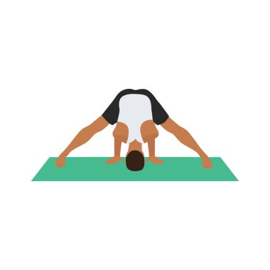 Prasarita padottanasana pozisyonu alan adam. Geniş bacaklı, eğik duruş. Düz vektör çizimi beyaz arkaplanda izole edildi