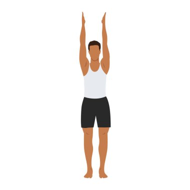 Yukarı doğru selam veren adam urdhva hastasana egzersizi yapıyor. Düz vektör çizimi beyaz arkaplanda izole edildi